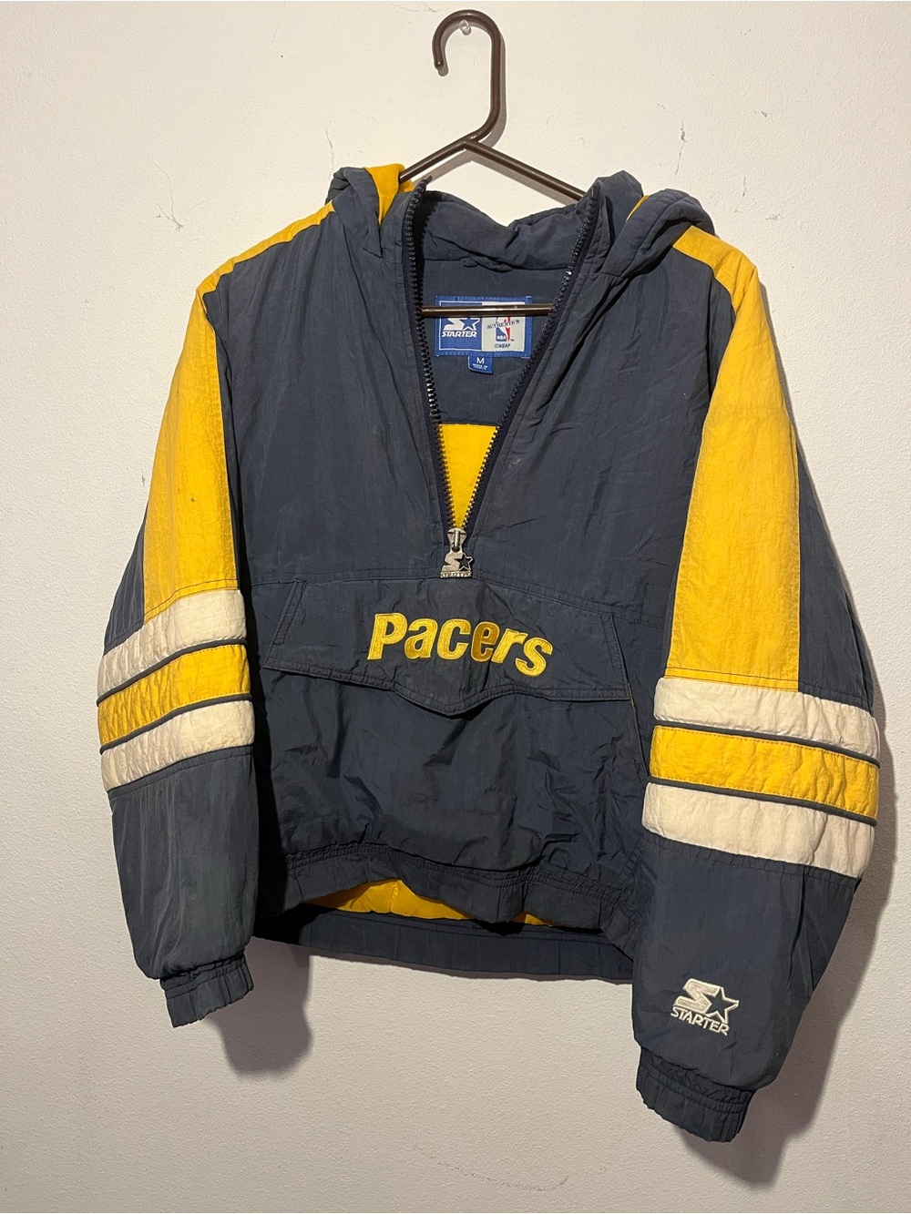 STARTER Navy and Yellow Pacers Hooded Pullover Jacket